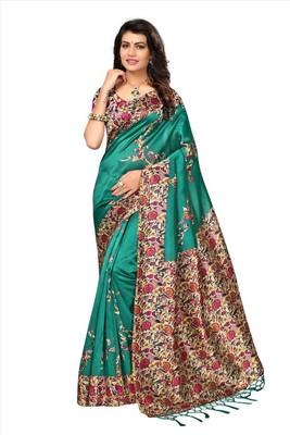 Green printed tussar silk saree with blouse 1