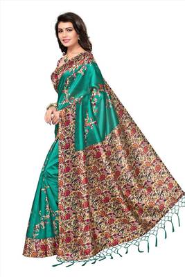 Green printed tussar silk saree with blouse 3