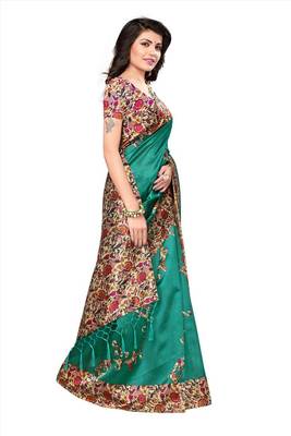 Green printed tussar silk saree with blouse 4