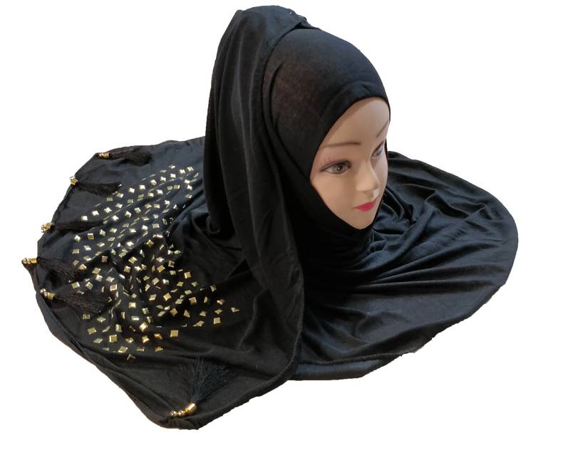 Black Plate Stone Work Hosiery Cotton Islamic Hijab Scarf