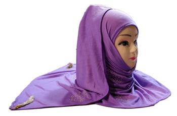 Lavender (Violet) Tassel And Beads Work Hosiery Cotton Islamic Hijab Scarf 1