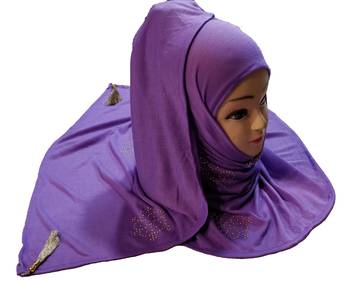 Lavender (Violet) Tassel And Beads Work Hosiery Cotton Islamic Hijab Scarf 4
