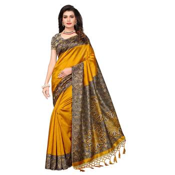 Mustard printed tussar silk saree with blouse 1