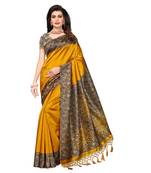 Mustard printed tussar silk saree with blouse