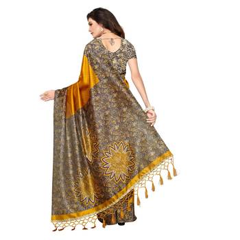 Mustard printed tussar silk saree with blouse 2