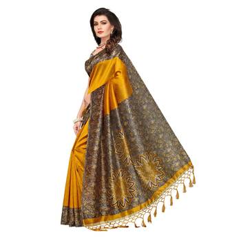 Mustard printed tussar silk saree with blouse 3