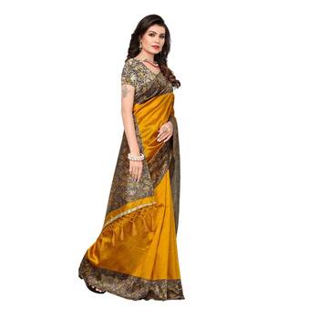 Mustard printed tussar silk saree with blouse 4