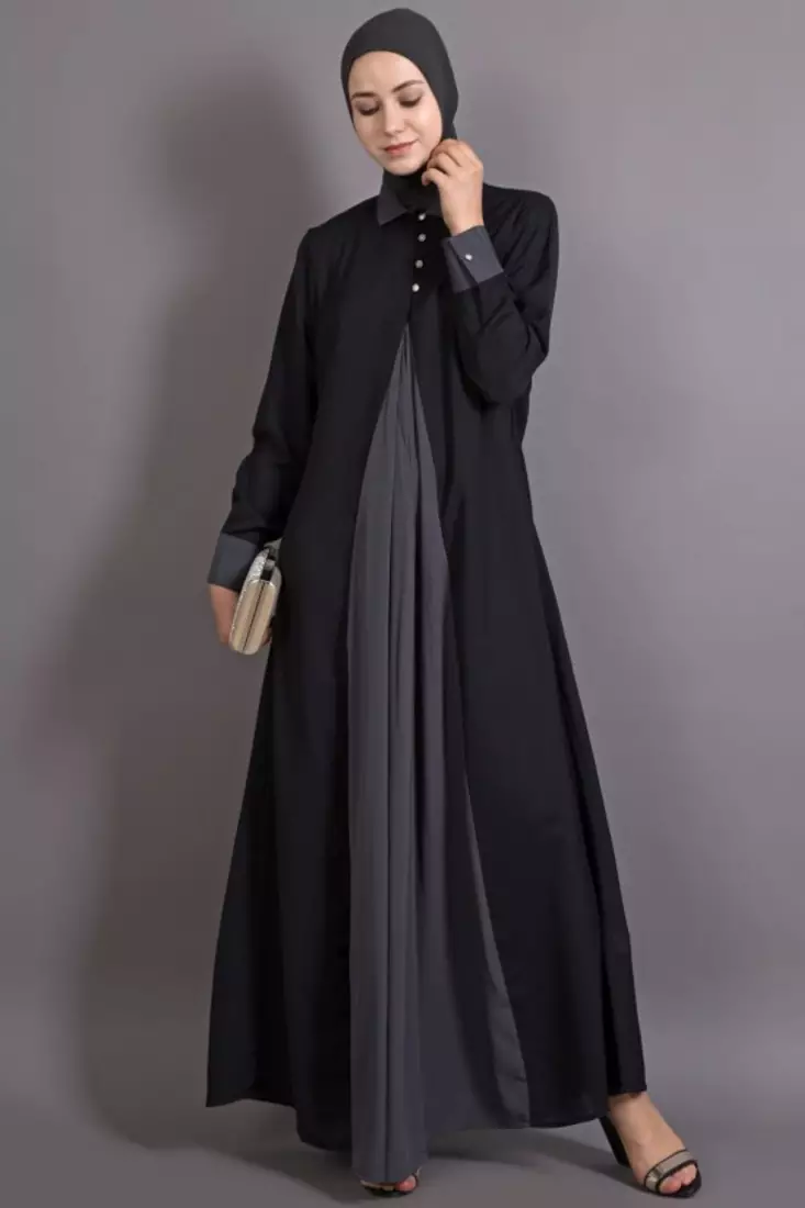 Black And Grey Poly Crepe Plain Casual Islamic Abaya