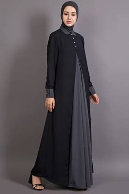 black and grey poly crepe plain casual abaya 3