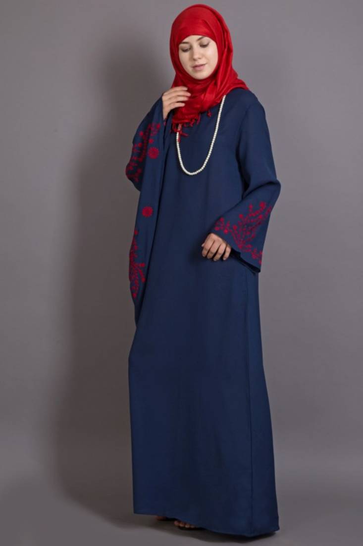 Navy Blue Poly Crepe Embroidered Party Islamic Abaya
