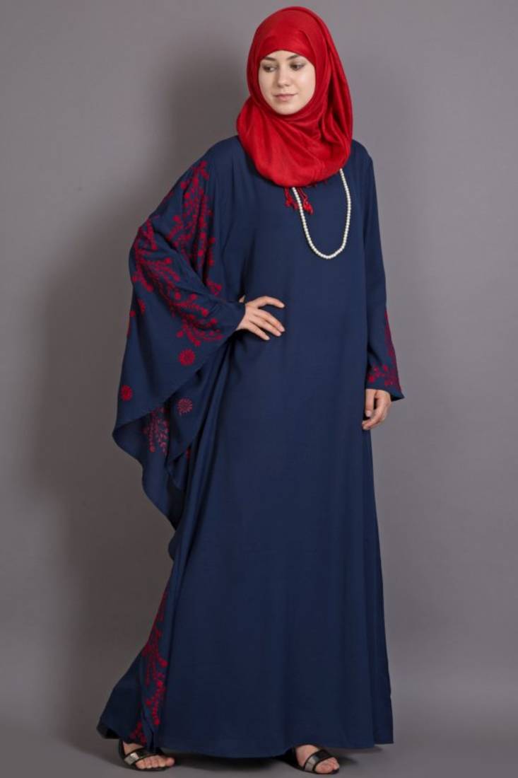 Navy Blue Poly Crepe Embroidered Party Islamic Abaya