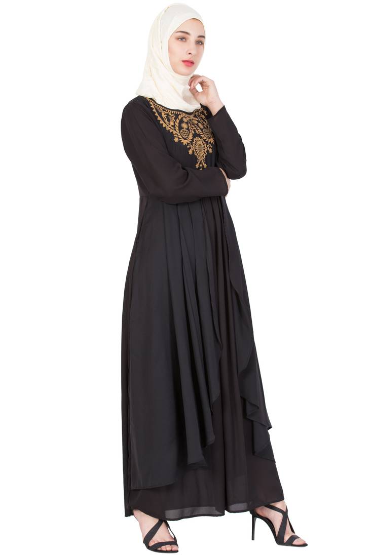 Black Poly Crepe Embroidered Casual Islamic Abaya