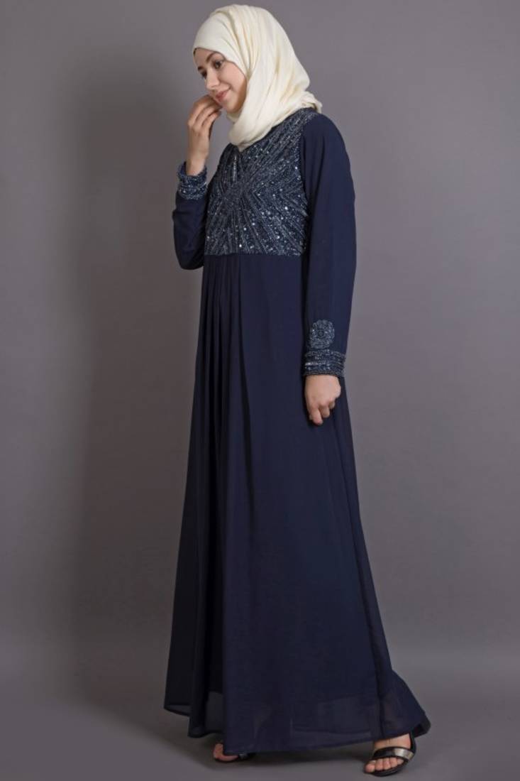 Navy Blue Blue Poly Georgette Glittering Islamic Eid Party Abaya