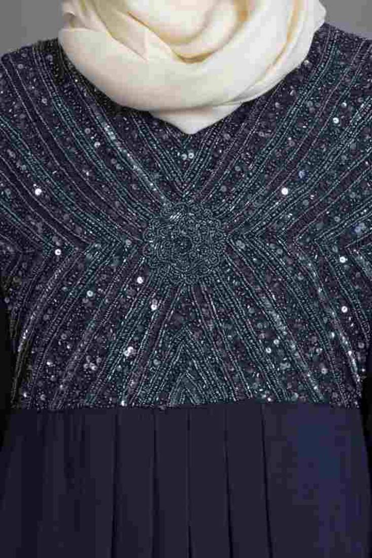 Navy Blue Blue Poly Georgette Glittering Islamic Eid Party Abaya