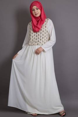 Off White Poly Georgette Plain Islamic EID Party  Abaya 1