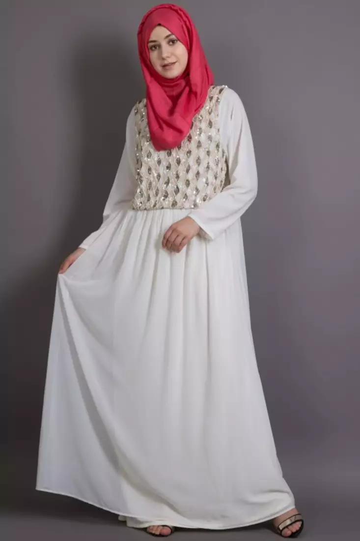 Off White Poly Georgette Plain Party Islamic Abaya