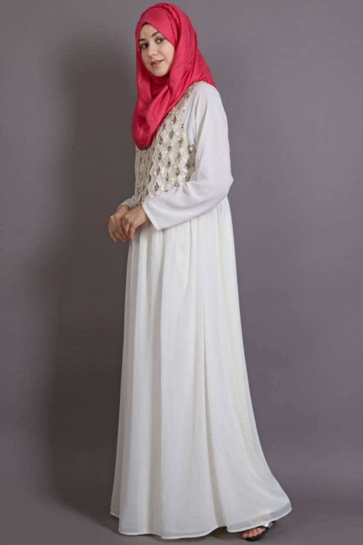 Off White Poly Georgette Plain Islamic EID Party  Abaya