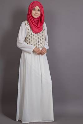 Off White Poly Georgette Plain Islamic EID Party  Abaya 3