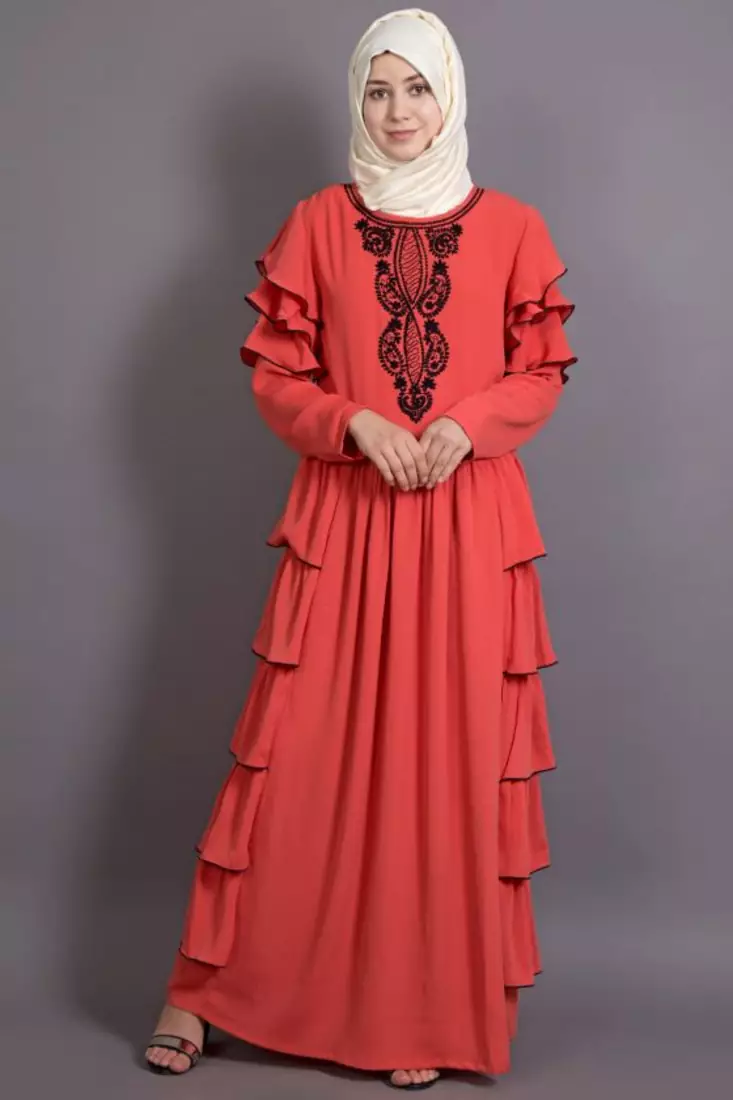 Orange Crepe Embroidered Party Islamic Abaya