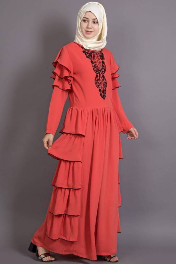 Orange Crepe Embroidered Party Islamic Abaya