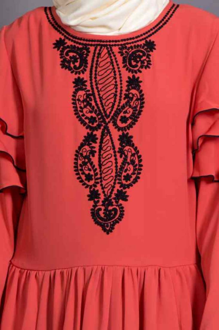 Orange Crepe Embroidered Party Islamic Abaya