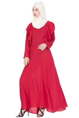 Red Poly Crepe Plain Casual Islamic Abaya 2