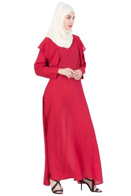 Red Poly Crepe Plain Casual Islamic Abaya 3