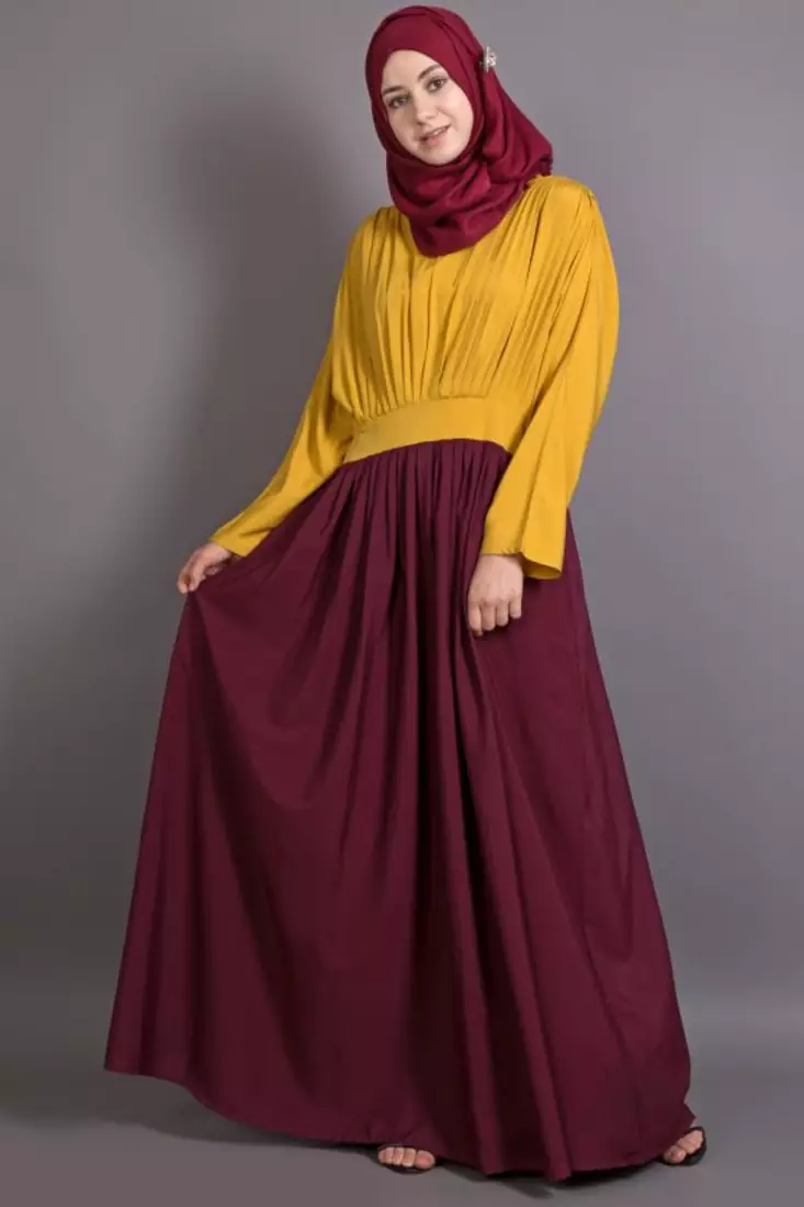 Mustard And Maroon Poly Crepe Plain Casual Islamic Abaya