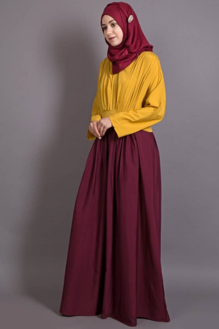 Mustard And Maroon Poly Crepe Plain Casual Islamic Abaya