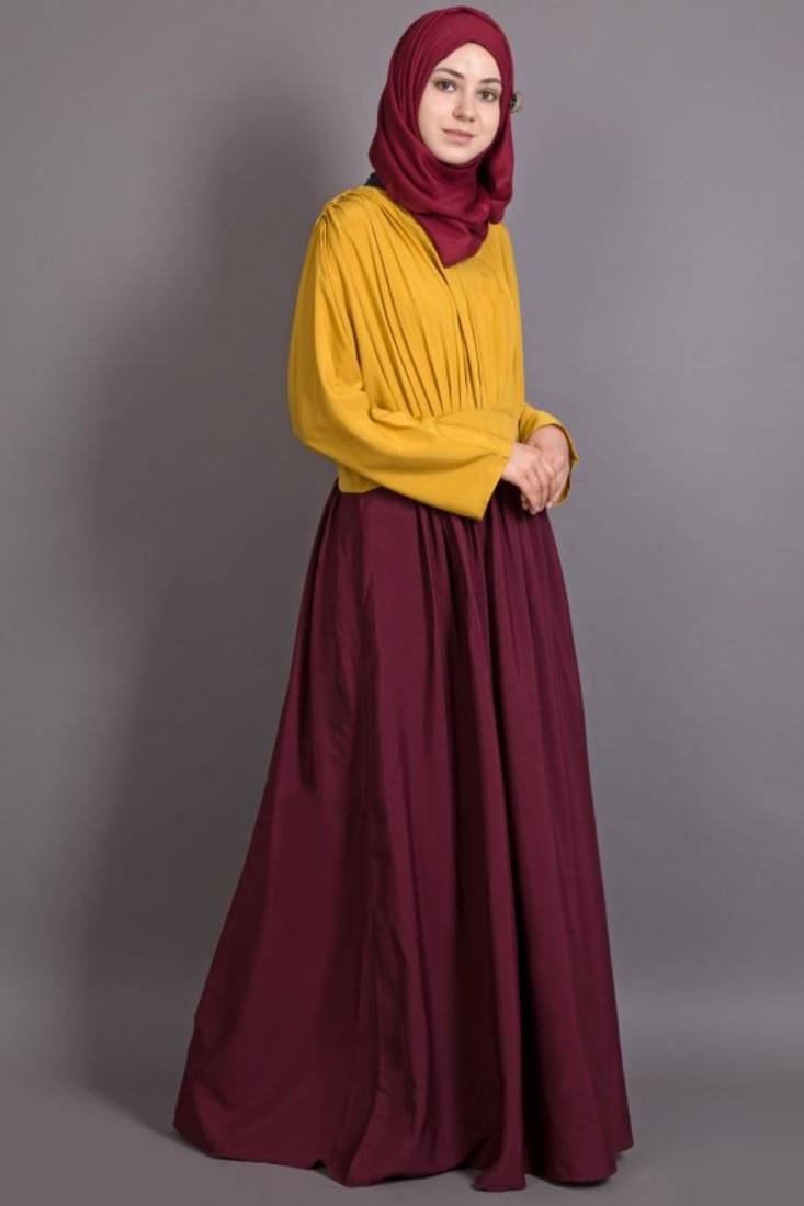 Mustard And Maroon Poly Crepe Plain Casual Islamic Abaya