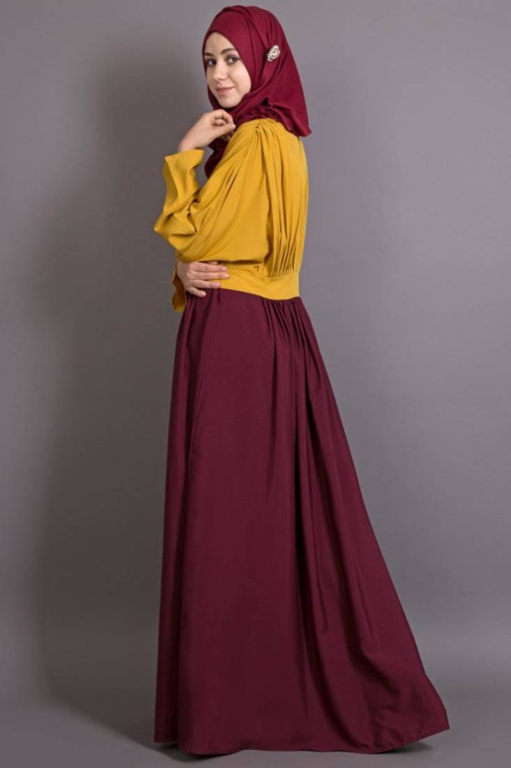 Mustard And Maroon Poly Crepe Plain Casual Islamic Abaya