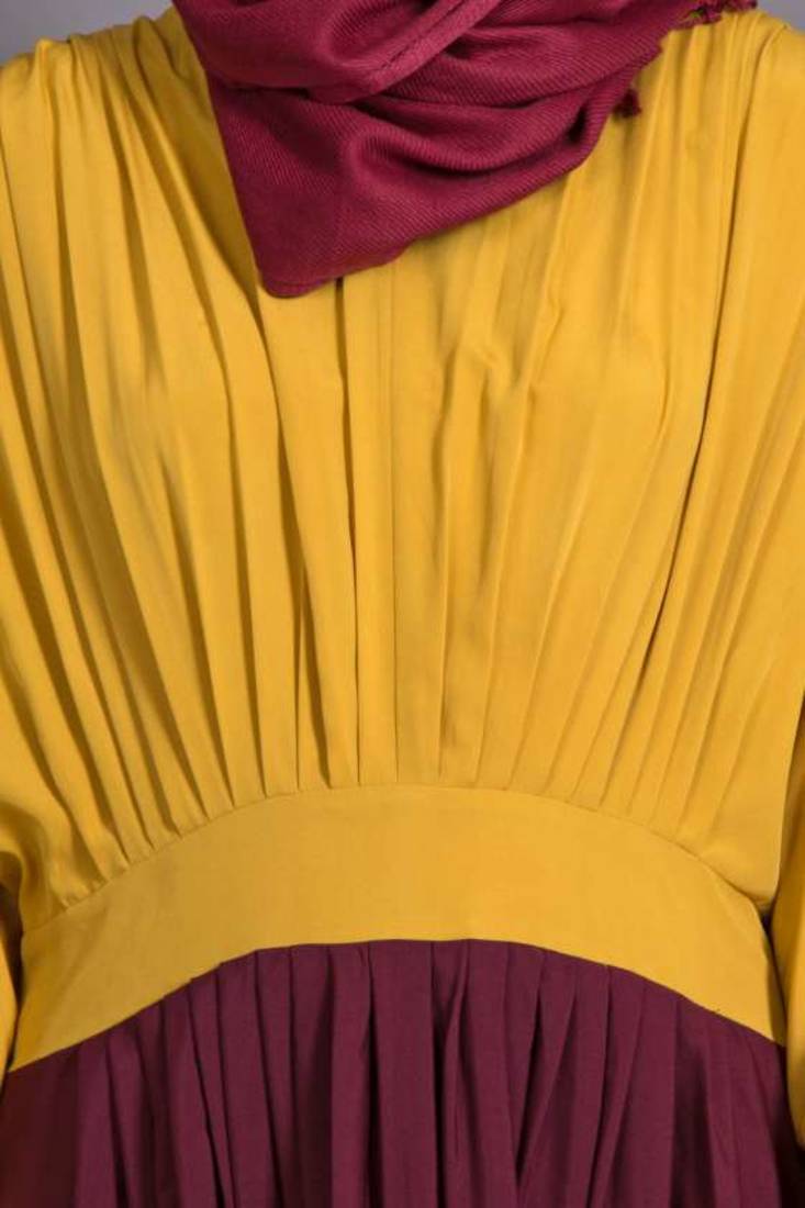 Mustard And Maroon Poly Crepe Plain Casual Islamic Abaya