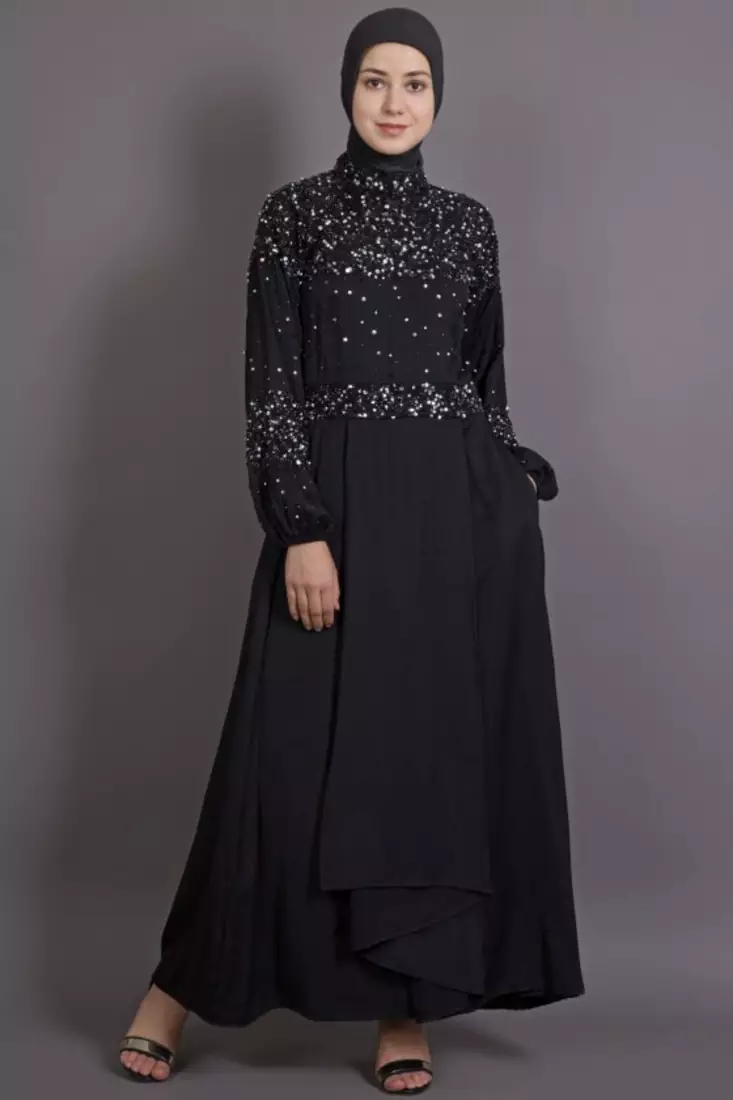 Black Cotton Satin Plain Casual Islamic Abaya