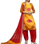 Yellow Color Bandhej Satin Cotton Salwar Suit Dupatta Bandhani Dress Material