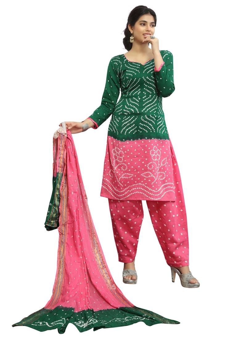 slim fit dress slacks Green Bandhani Suit Set