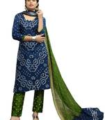 Blue Color Bandhej Satin Cotton Salwar Suit Dupatta Bandhani Dress Material