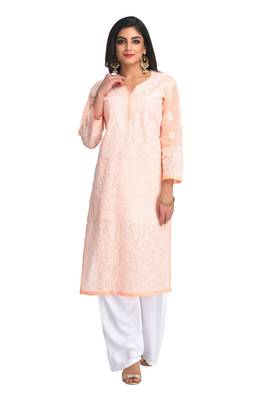 Peach Embroidered Cotton Chikankari Kurti 1