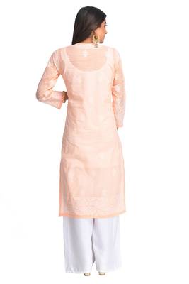 Peach Embroidered Cotton Chikankari Kurti 2