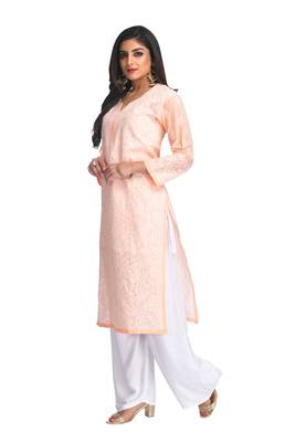 Peach Embroidered Cotton Chikankari Kurti 3