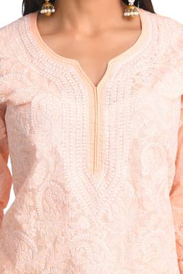 Peach Embroidered Cotton Chikankari Kurti 4