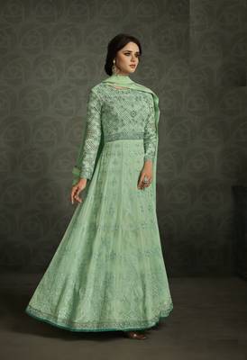 Green multi resham work georgette salwar with dupatta 1