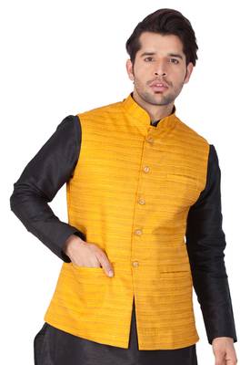 Yellow Cotton Blend Nehru Jacket 4