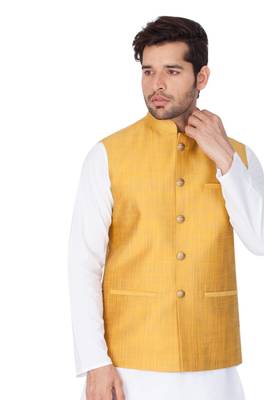Gold Cotton Blend Nehru Jacket 4