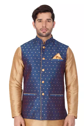 Blue Cotton Blend Nehru Jacket