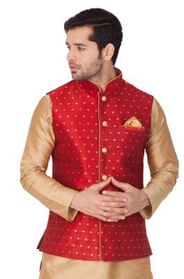 Maroon Cotton Blend Nehru Jacket 4
