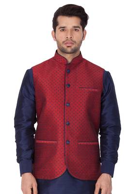 Maroon Cotton Blend Nehru Jacket 1
