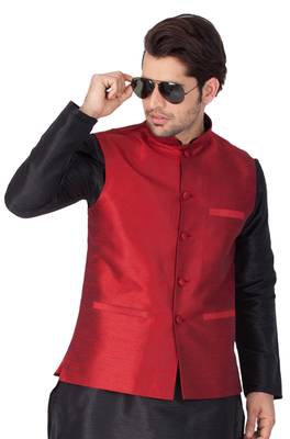 Maroon Cotton Blend Nehru Jacket 1