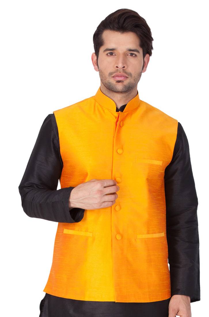 Orange Cotton Blend Nehru Jacket