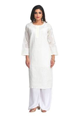 Cream Embroidered Cotton Chikankari Kurti  1