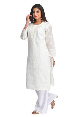 Cream Embroidered Cotton Chikankari Kurti  3